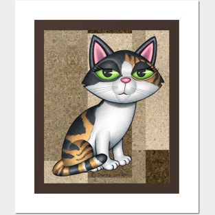 Fun Calico Kitty Cat on tan, brownish background shapes Posters and Art